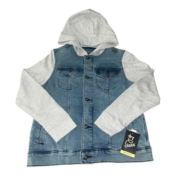 Art Class Light Wash Unisex Denim Button Down Jean Jacket w/ Sweatshirt Hood - Picture 8 of 15